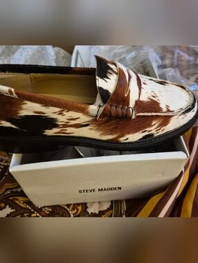 Steve Madden Brown, White & Black Calf Hair Penny Loafer